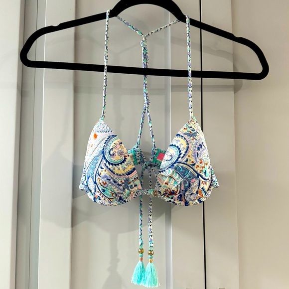 Victoria's Secret Other - Victoria’s Secret Bikini Top Blue White Aqua Paisley Print with Tassels size 34A